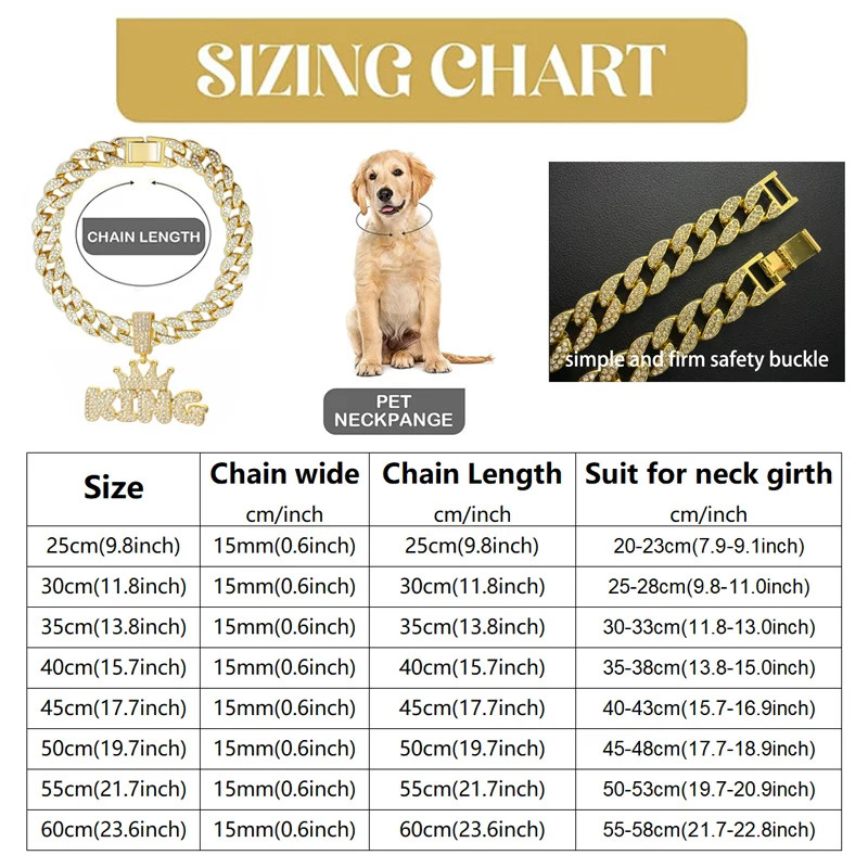 Cuban Link Dog Chain Collar Aluminum Alloy Gold Jewelry with King Queen Pendant