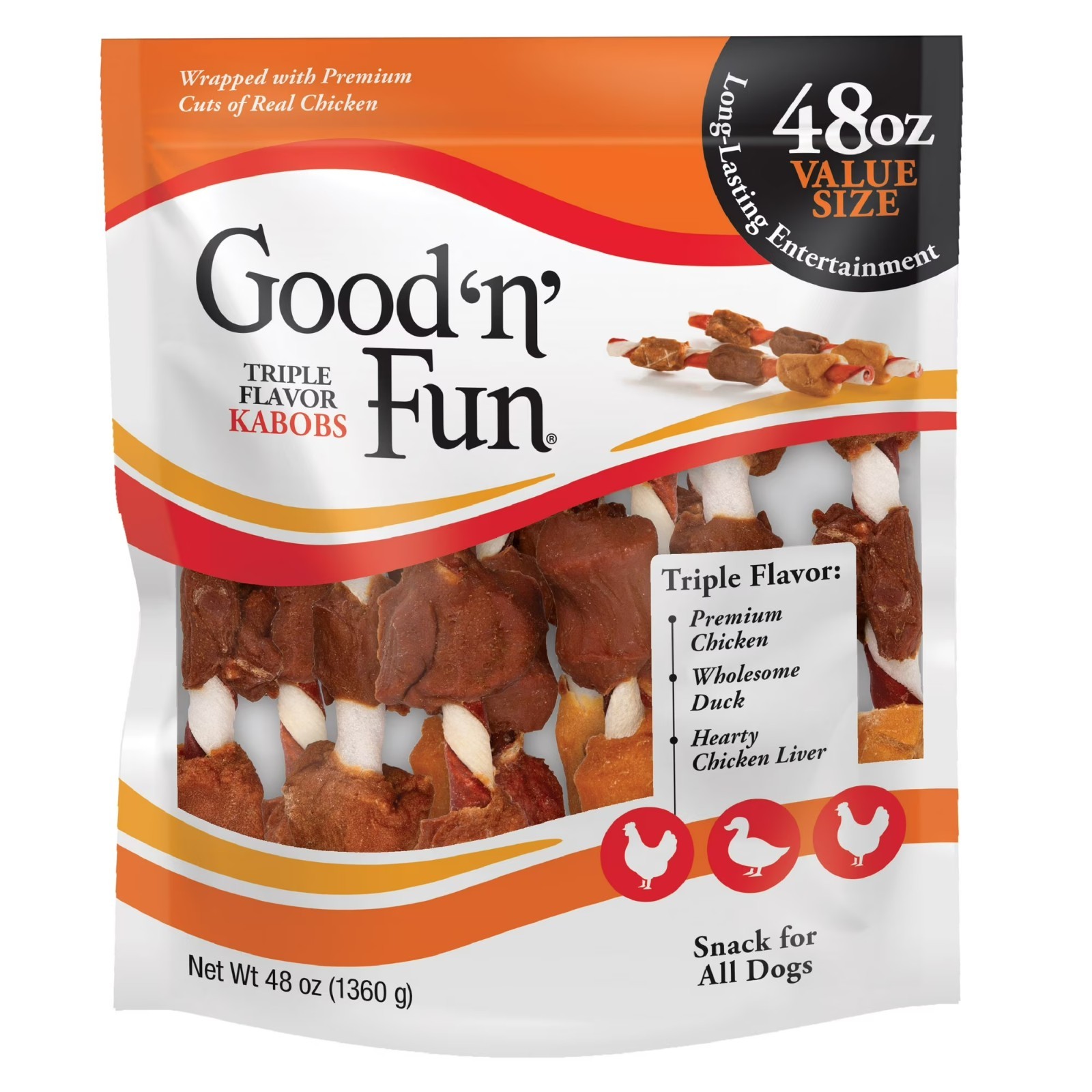 Good ’n‘ Fun Triple Flavor Kabobs, Rawhide Chews for All Dogs, 48 oz