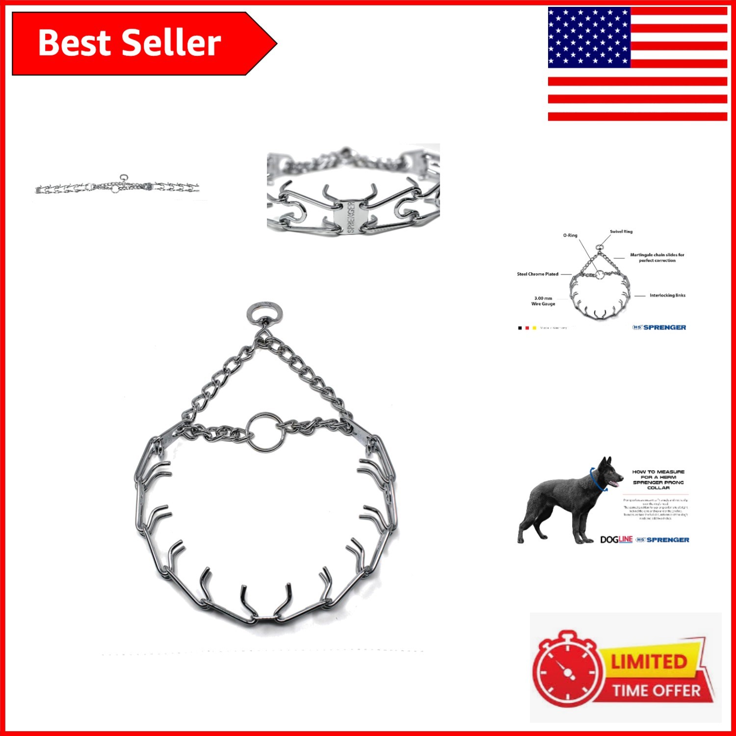 Ultra-Plus Chrome Plated Steel Prong Dog Training Collar, 22in for Medium Breeds