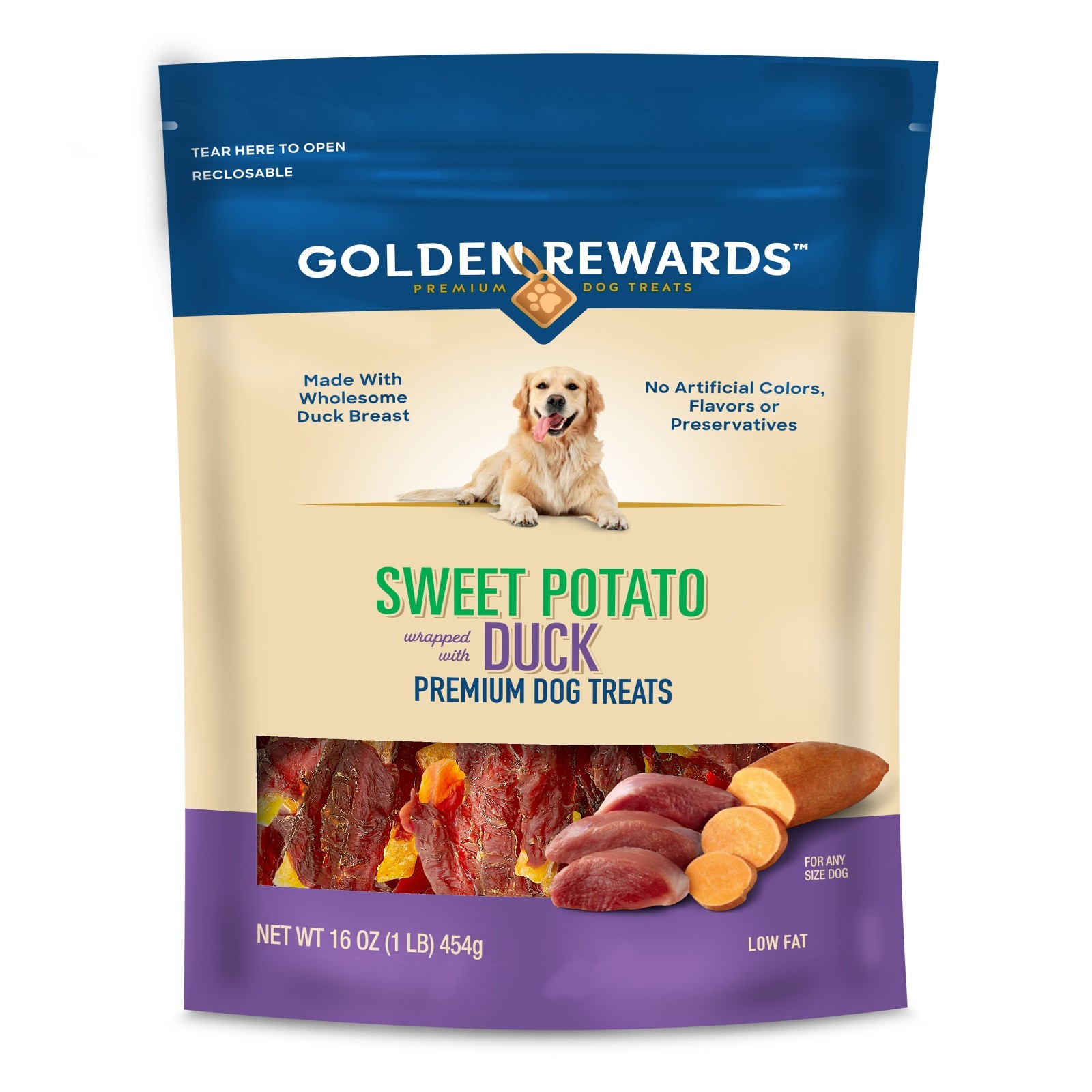 (4 pack) Golden Rewards Sweet Potato Wrapped w Duck Premium Treats for Dogs 16oz