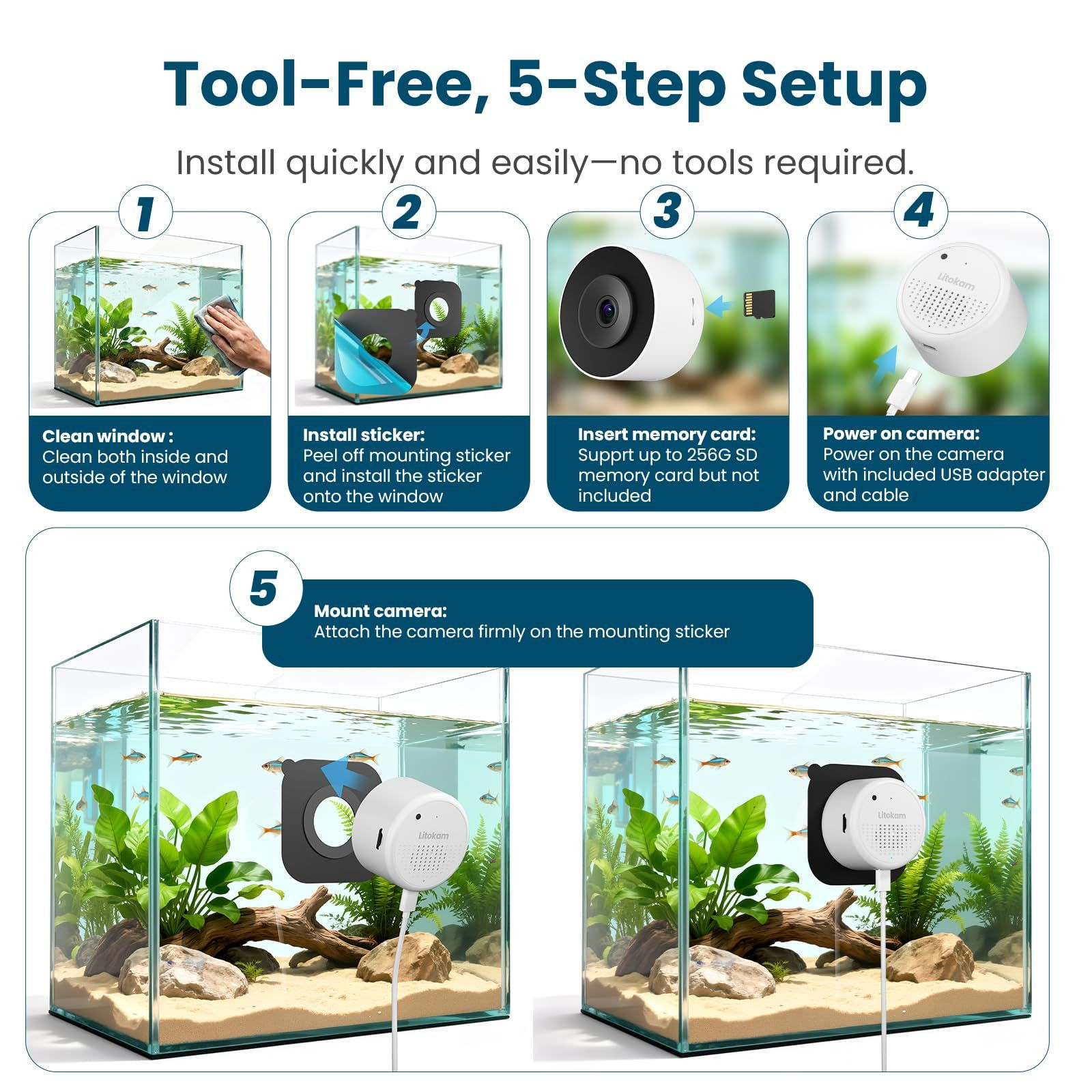 litokam F1.0 Aperture Fish Tank & Reptile Pet Camera.2K 3MP Single, White