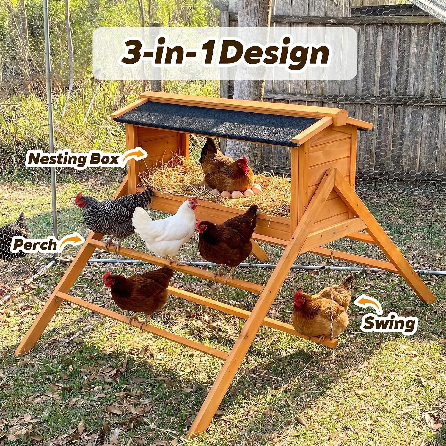 YZU 3-in-1 Wooden Chicken Coop Accessory Set Nesting Box Perch Swing 57x37x35