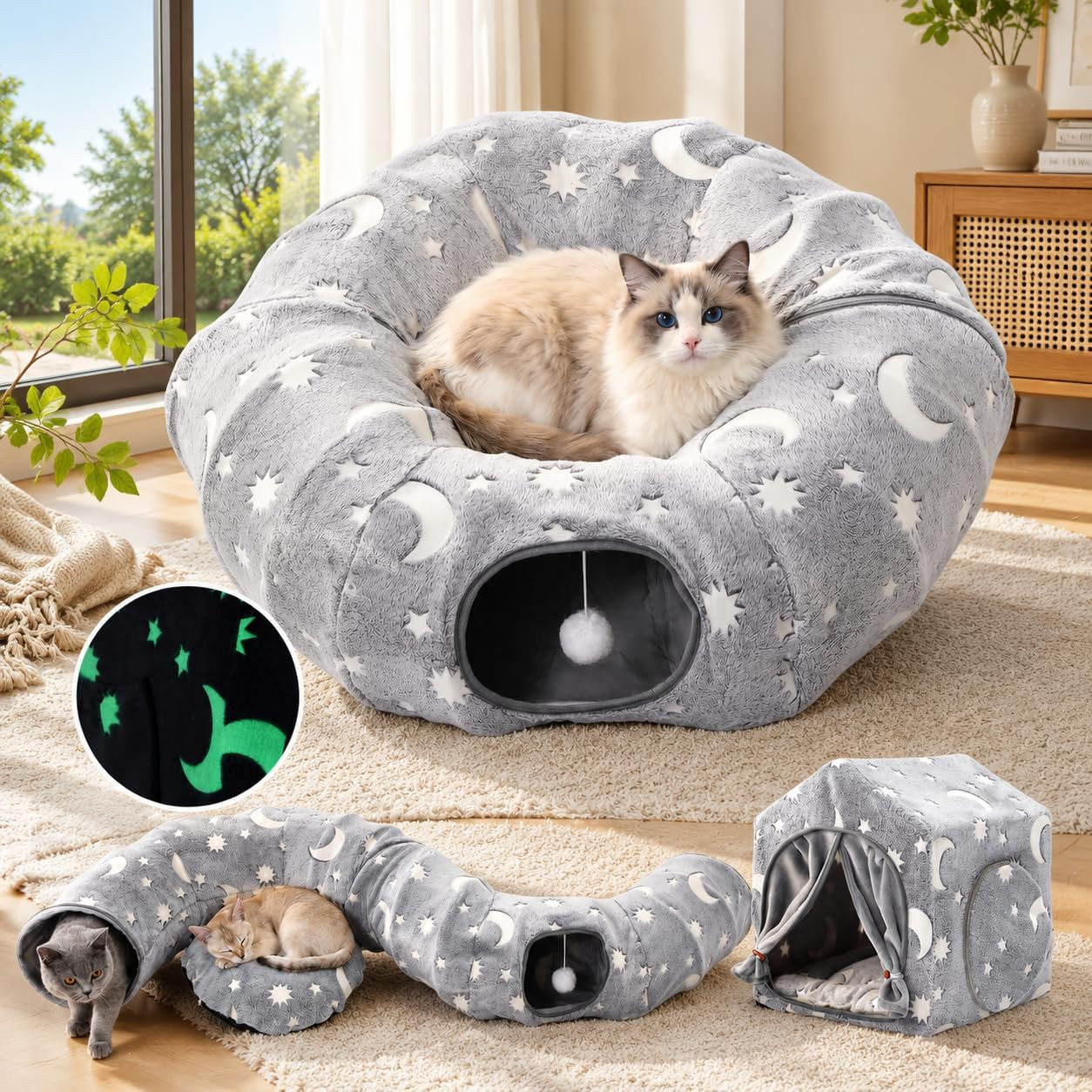 4 In 1 Cat Play Tunnel Toy Cube House Luminous Hideout Tent Bed Furniture Grey