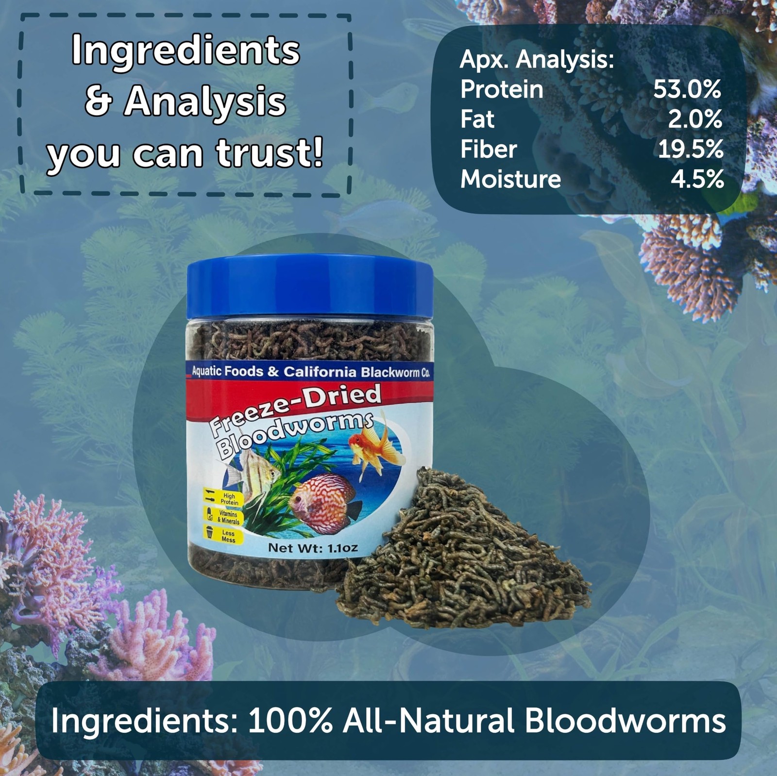 1.0 Ounce Grade A Freeze Dried Floating Bloodworms Tropical Fish Food Pellet