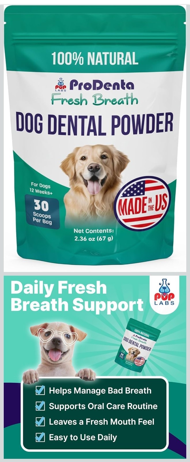 Pup Labs ProDenta Fresh Breath Dog Dental Powder 2.36 oz Puppy Exp 01-2028