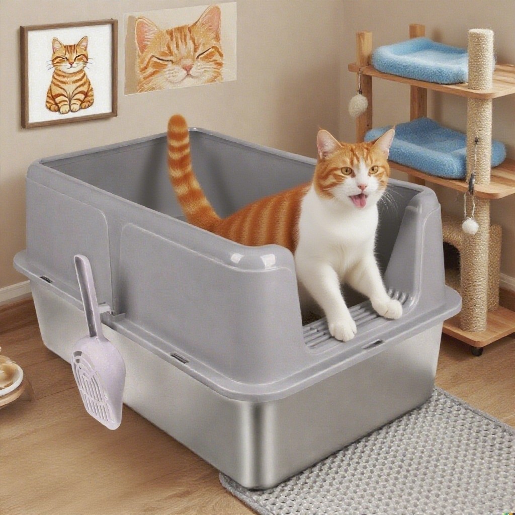 XL Stainless Steel Cat Litter Box Extra Large Litter Pan High Side w/ Scoop Mat