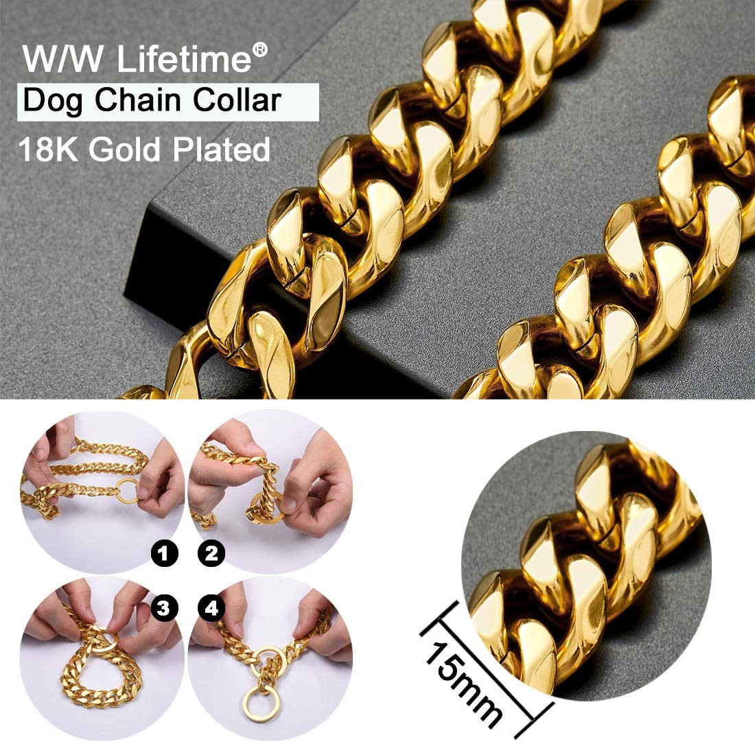 Gold Stainless Steel Dog Chain Collar Heavy Duty 16 to 28 Inch Chew Proof