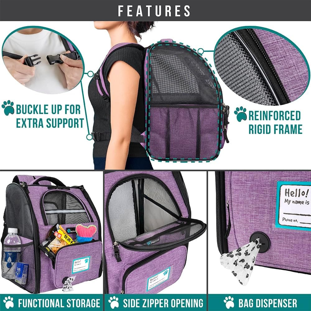 Breathable Expandable Dog & Cat Backpack Carrier for Pets up to 18 lbs, Purple