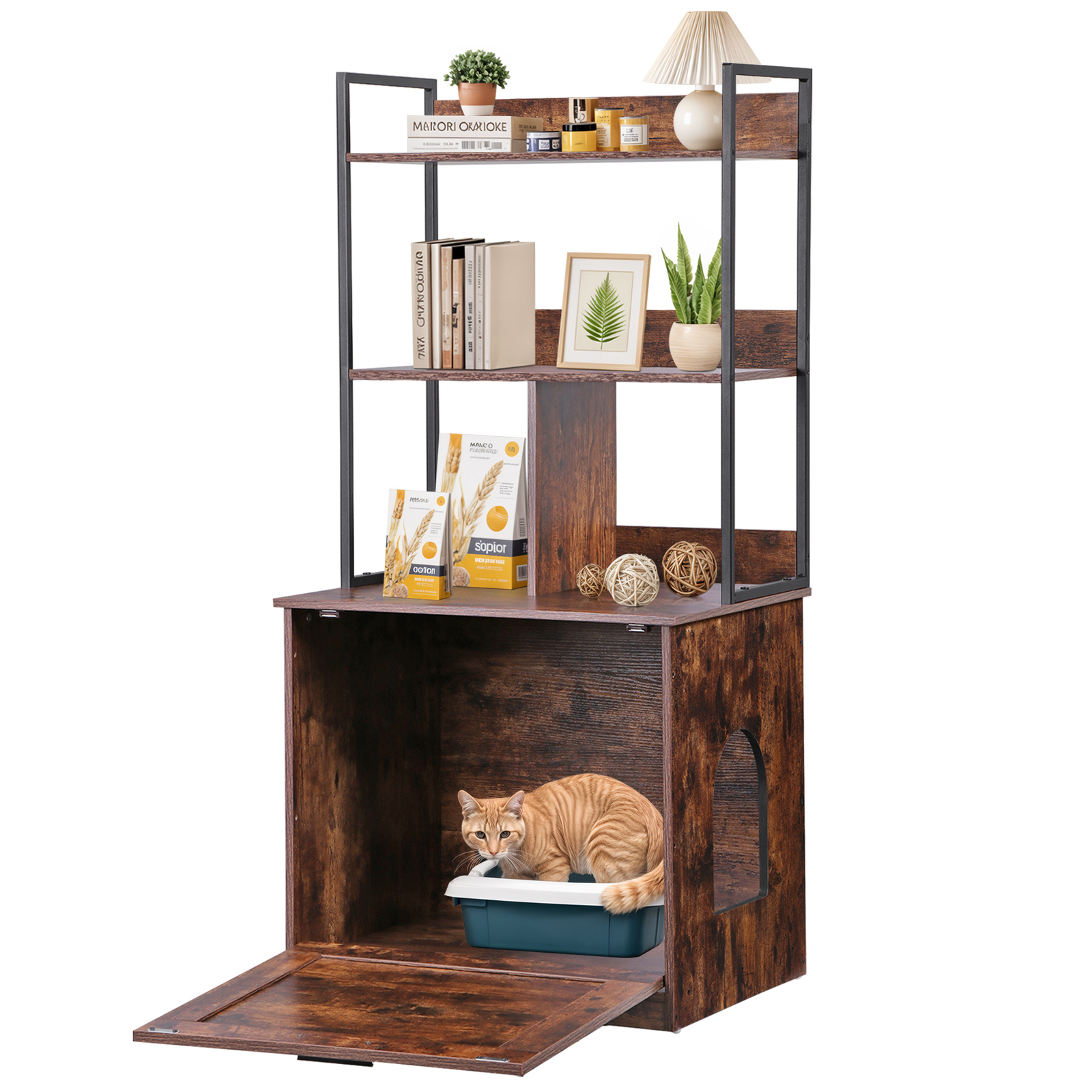 50″ Cat Litter Box Enclosure w/ Shelves 2-in-1 Hidden Litter Box Furniture Brown