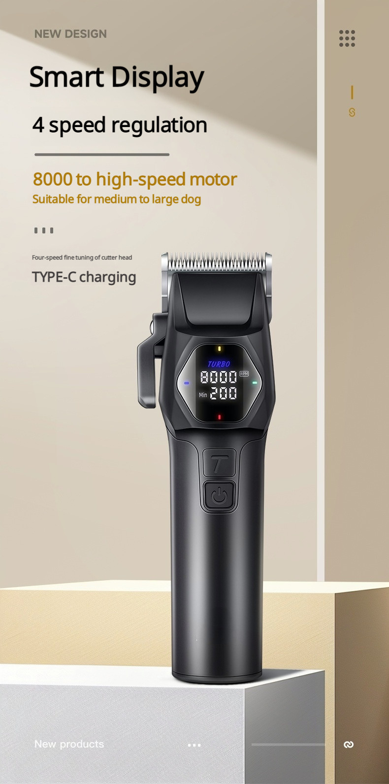 Professional 8000RPM Pet Clipper Kit for Large Dogs & Cats, Type-C, 4 Speeds