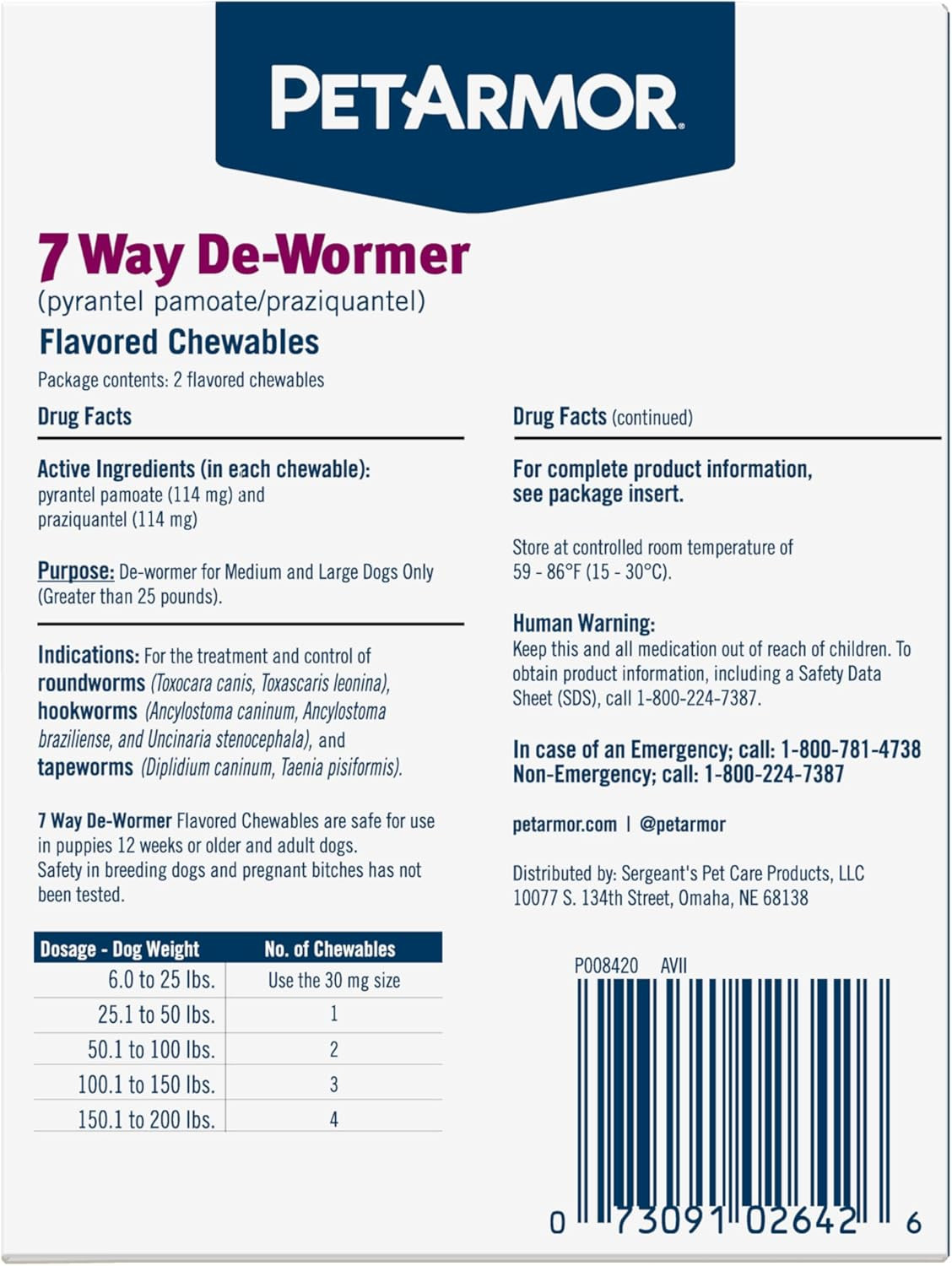 7 Way De-Wormer for Dogs, Oral Treatment for Tapeworm, Roundworm & Hookworm in L