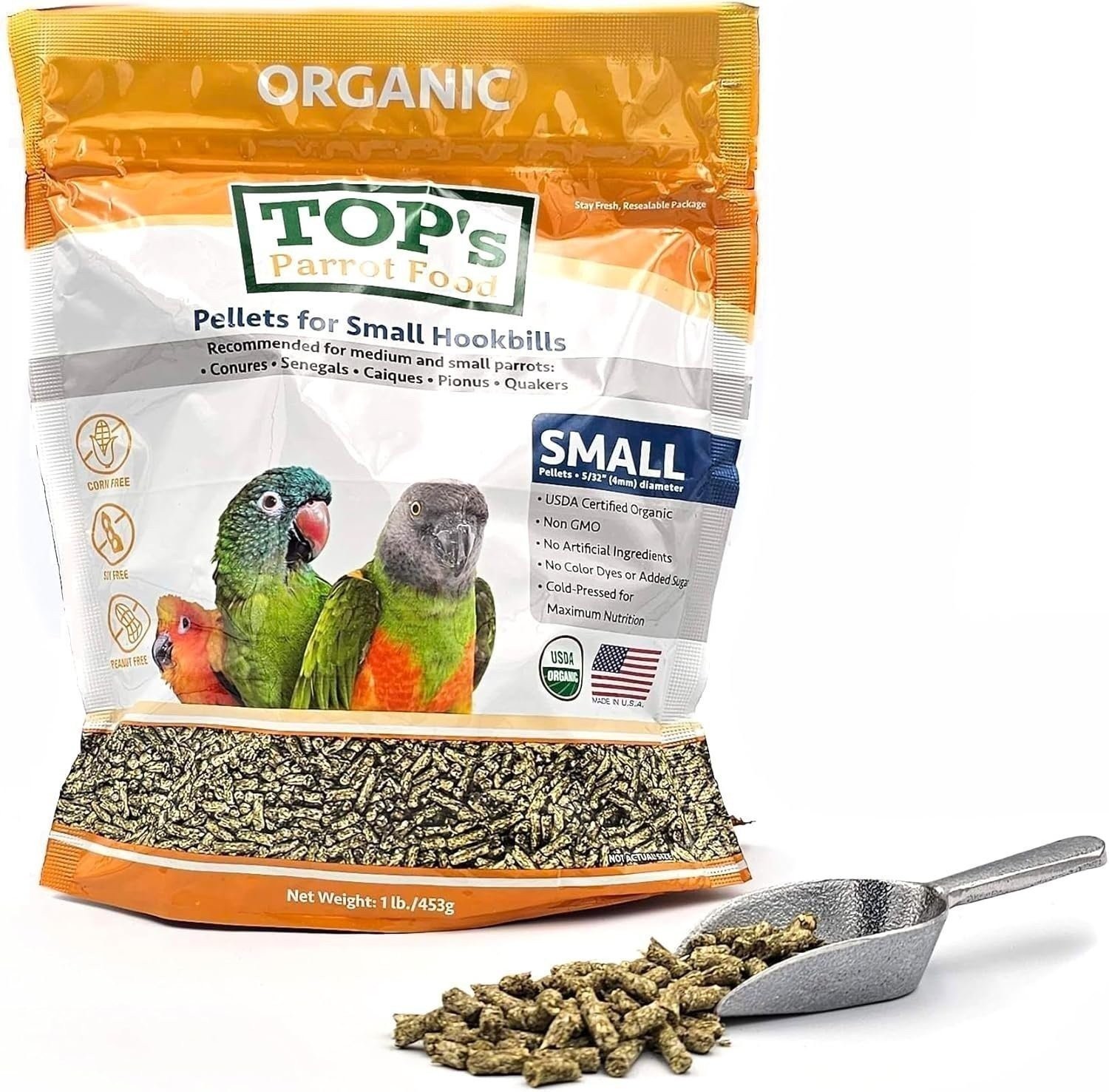 TOP’s Parrot Food Bird Pellet Small Hookbills Non-GMO Peanut Soy & Corn Free 1lb