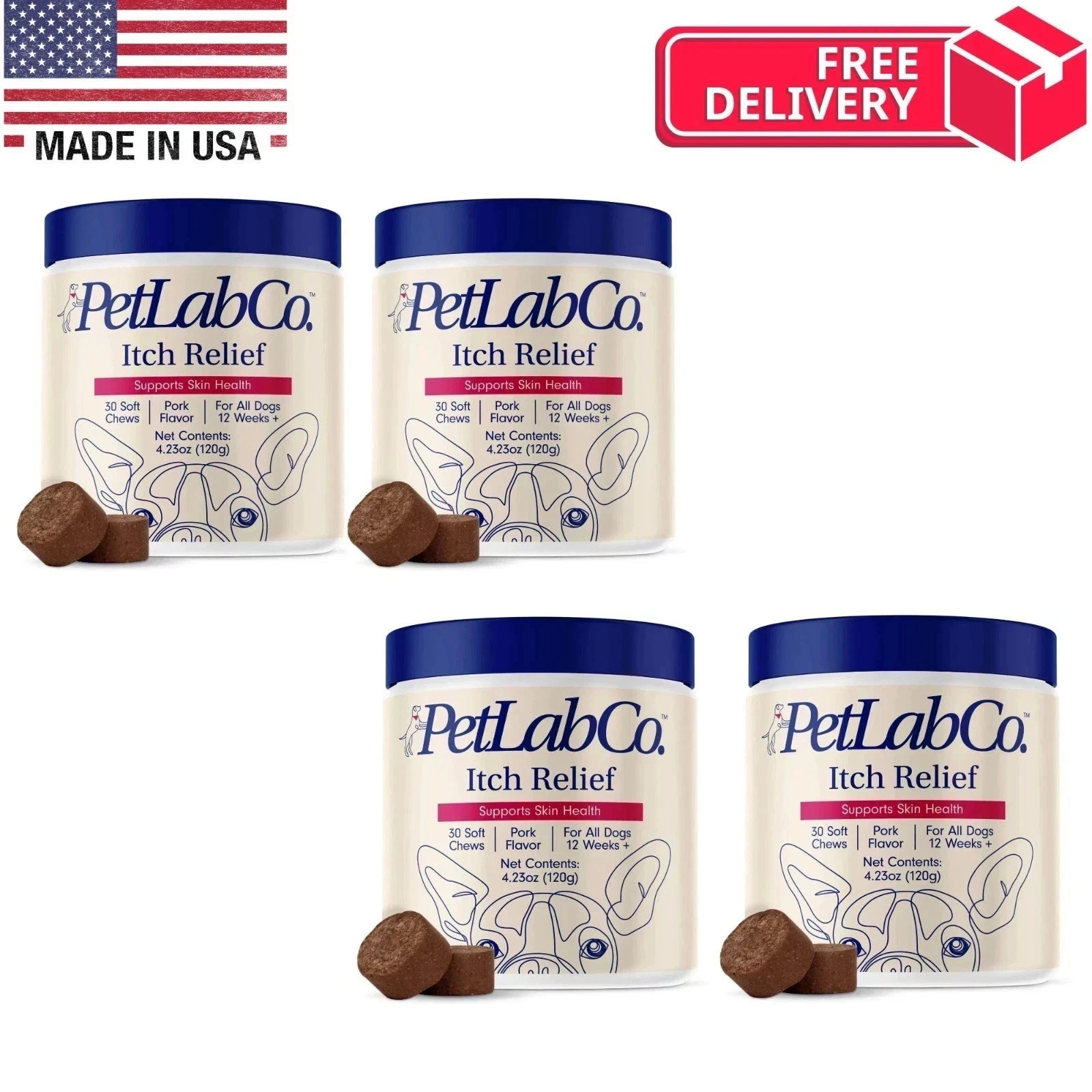 4 pack PetLabCo.(PetLab Co) ITCH RELIEF For Dogs – 30 Chews