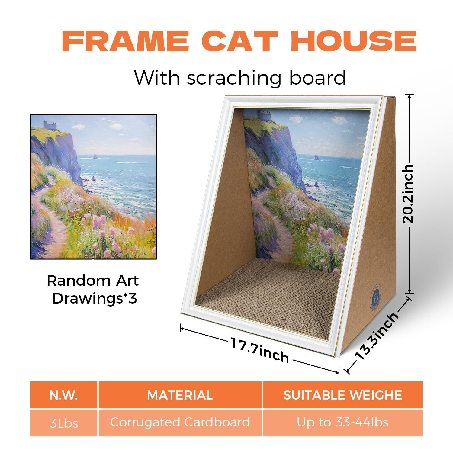 Frame Cat House with Scratching Board, Oil Painting Cat Scratcher Artwork Bed-US