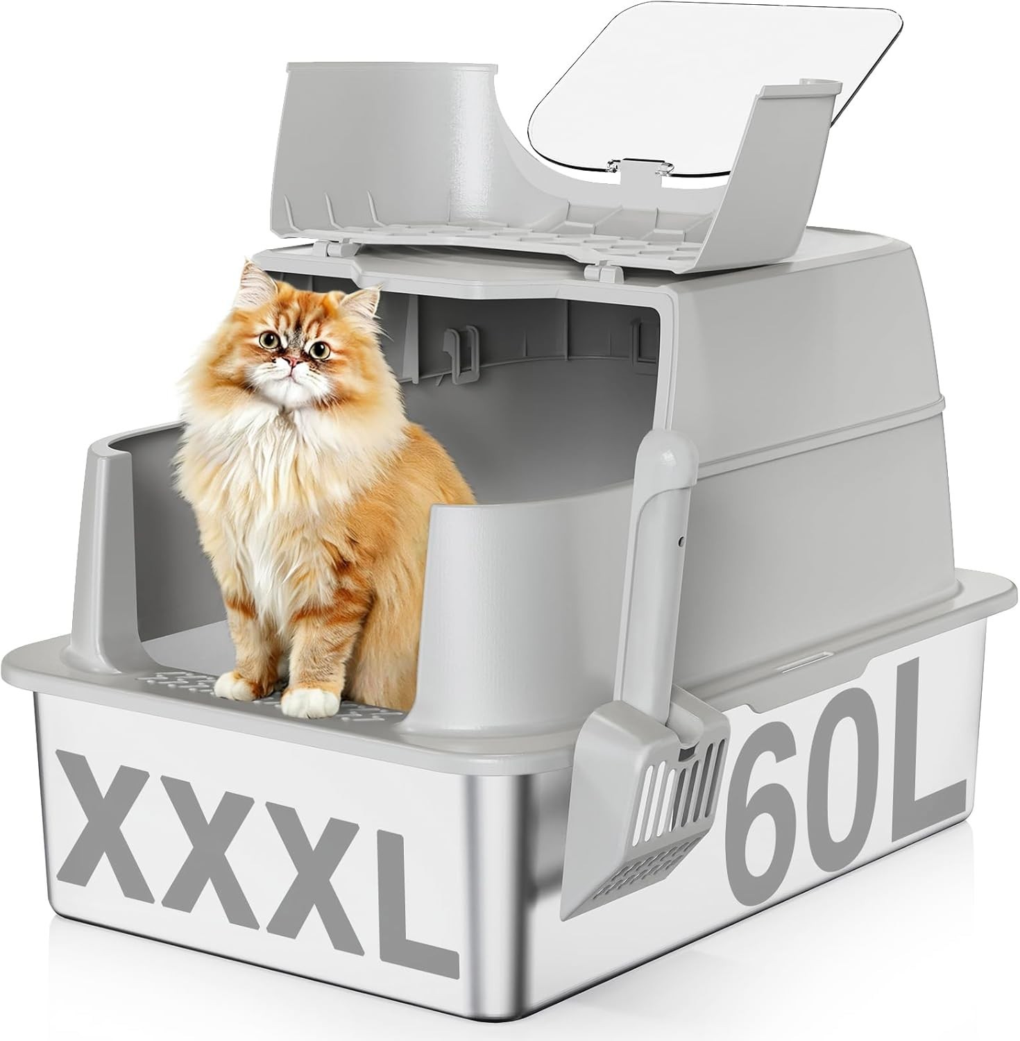 Stainless Steel Cat Litter Box W/ Lid 180° Flip-Top XXXL Extra Large Enclosed