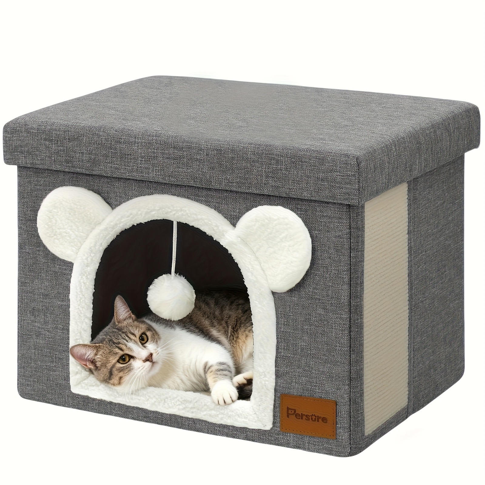 Interactive Indoor Cat Cube House With Lid Cute Cave Bed Condo Scratch Pad&Ball