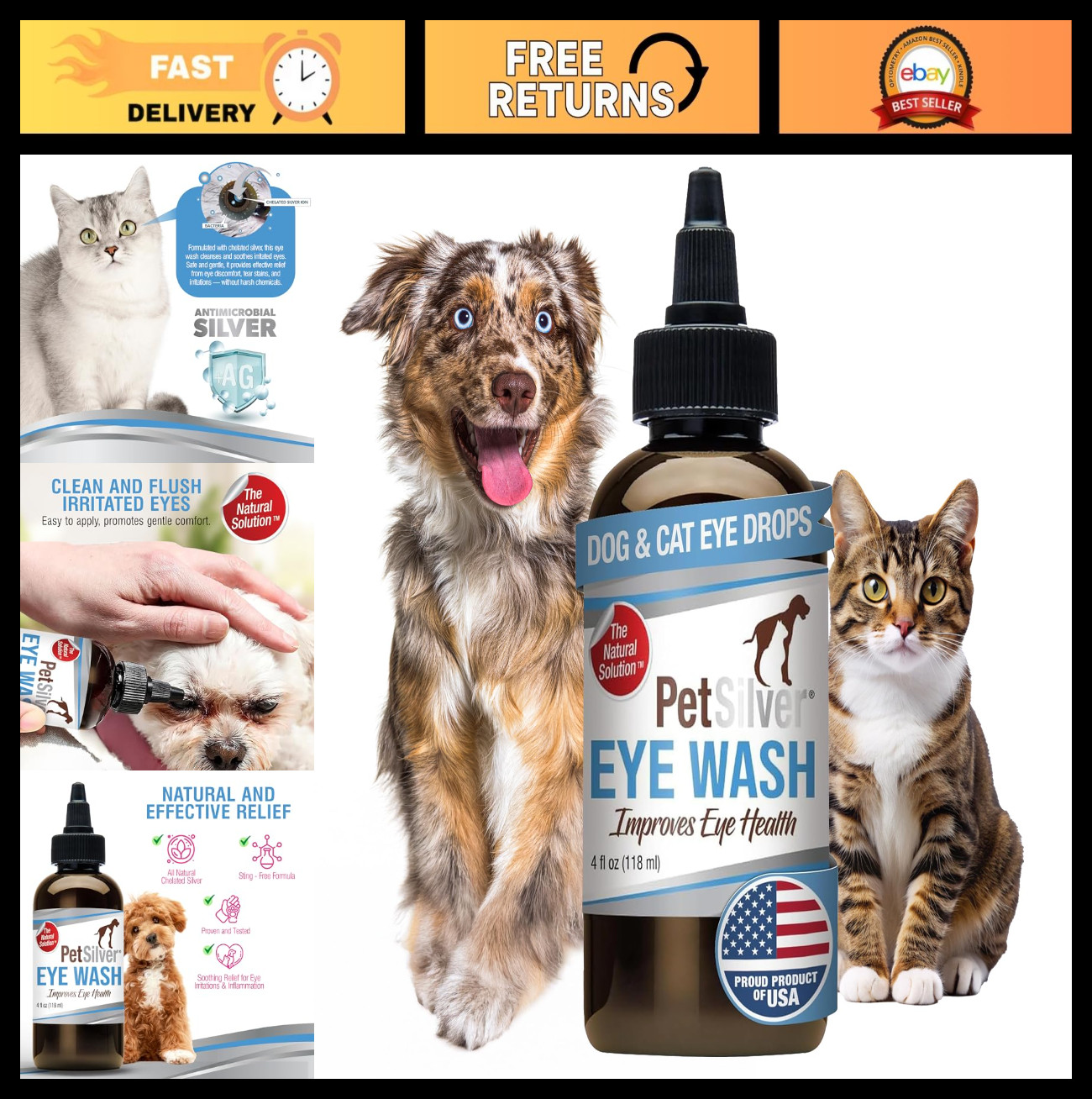 Natural Pet Eye Drops for Dogs & Cats – Tear Stain Remover & Eye Wash – 4 fl oz