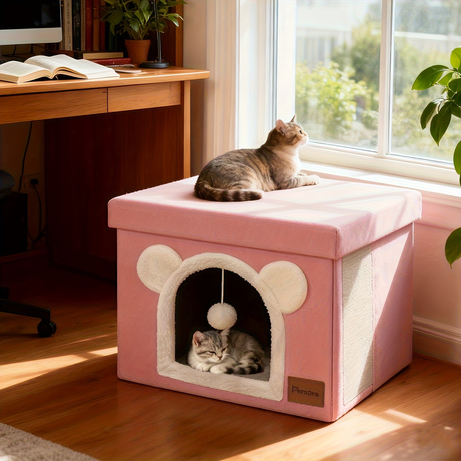 Interactive Indoor Cat Cube House With Lid Cute Cave Bed Condo Scratch Pad&Ball