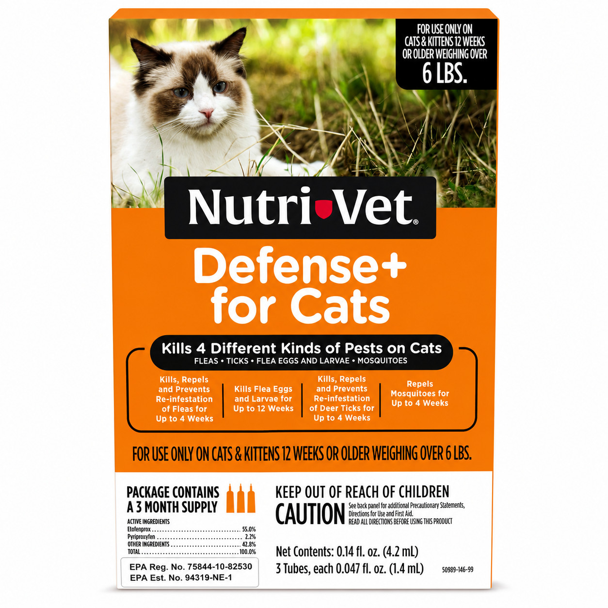 Nutri-Vet Defense+ for Cats Flea Tick Mosquito Treatment 3 Month Supply 6+ lbs