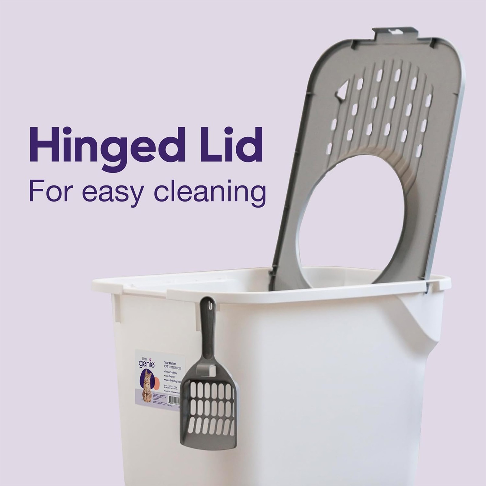 Litter Genie Large Cat Litter Box, Top Entry w/ Catching Lid & Scoop, White/Gray