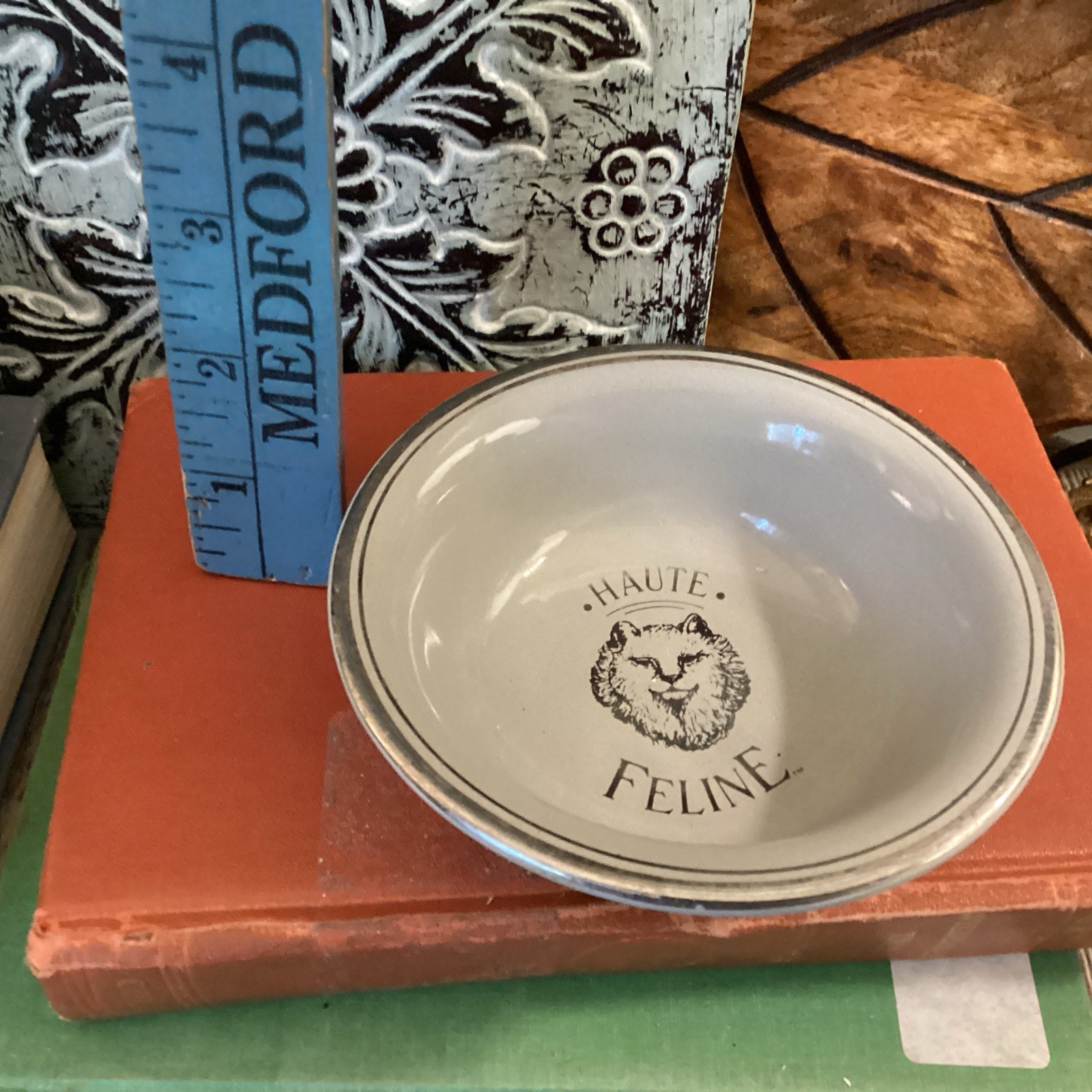 VINTAGE HALL CATS KITTY FOOD DISH SILVER GRAY HAUTE FELINE 4 1/2″ SMALL HEAVY