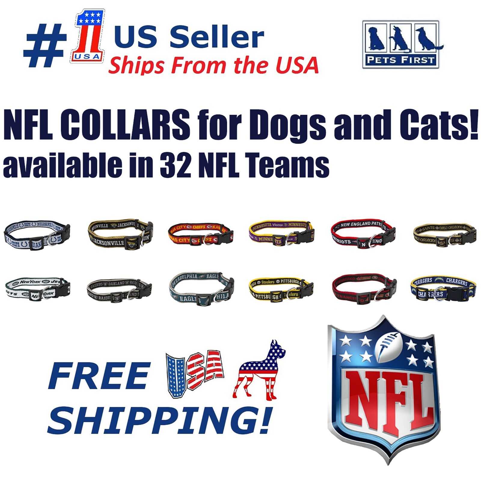 NFL Pet Collar Heavy-Duty Durable & Adjustable Dog Collar & Cat Collar