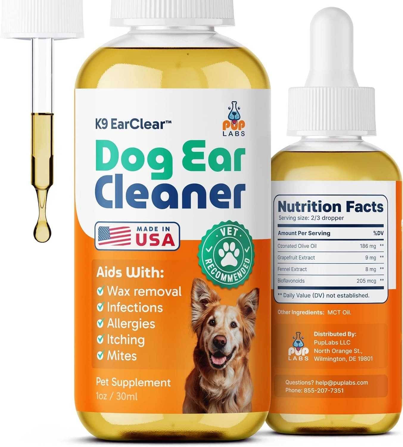 Pup Labs Ear Clear, Natural Dog Ear Cleaner and Infection Treatment for Dogs