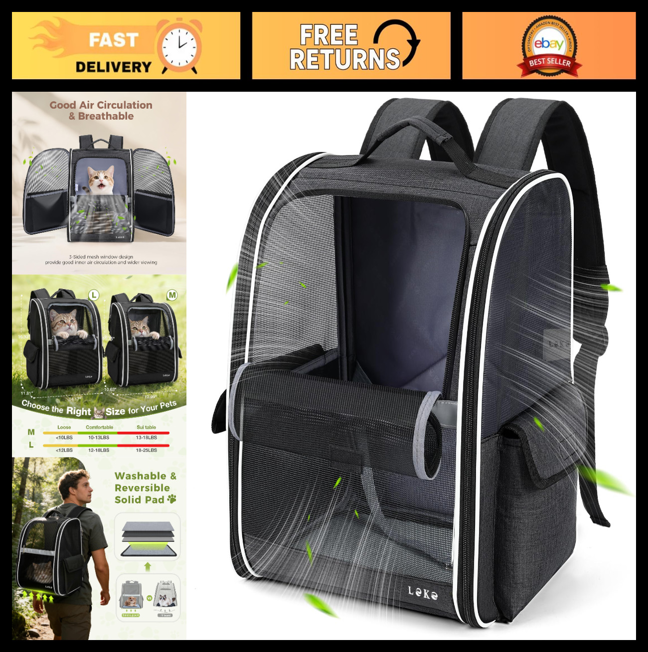 Pet Carrier Backpack for Small Medium Dogs & Cats up to 18 lbs, Breathable, Coll
