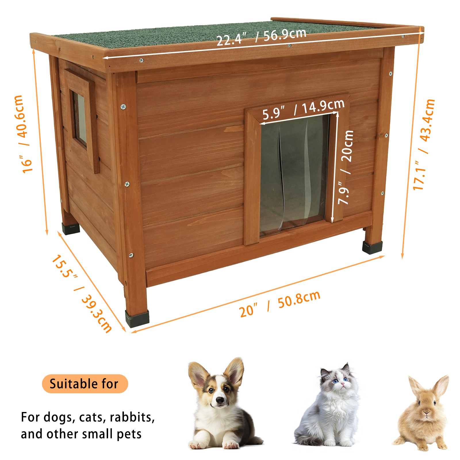 Outdoor Cat House Waterproof Wood Shelter for Feral Cats Rabbits Dogs
