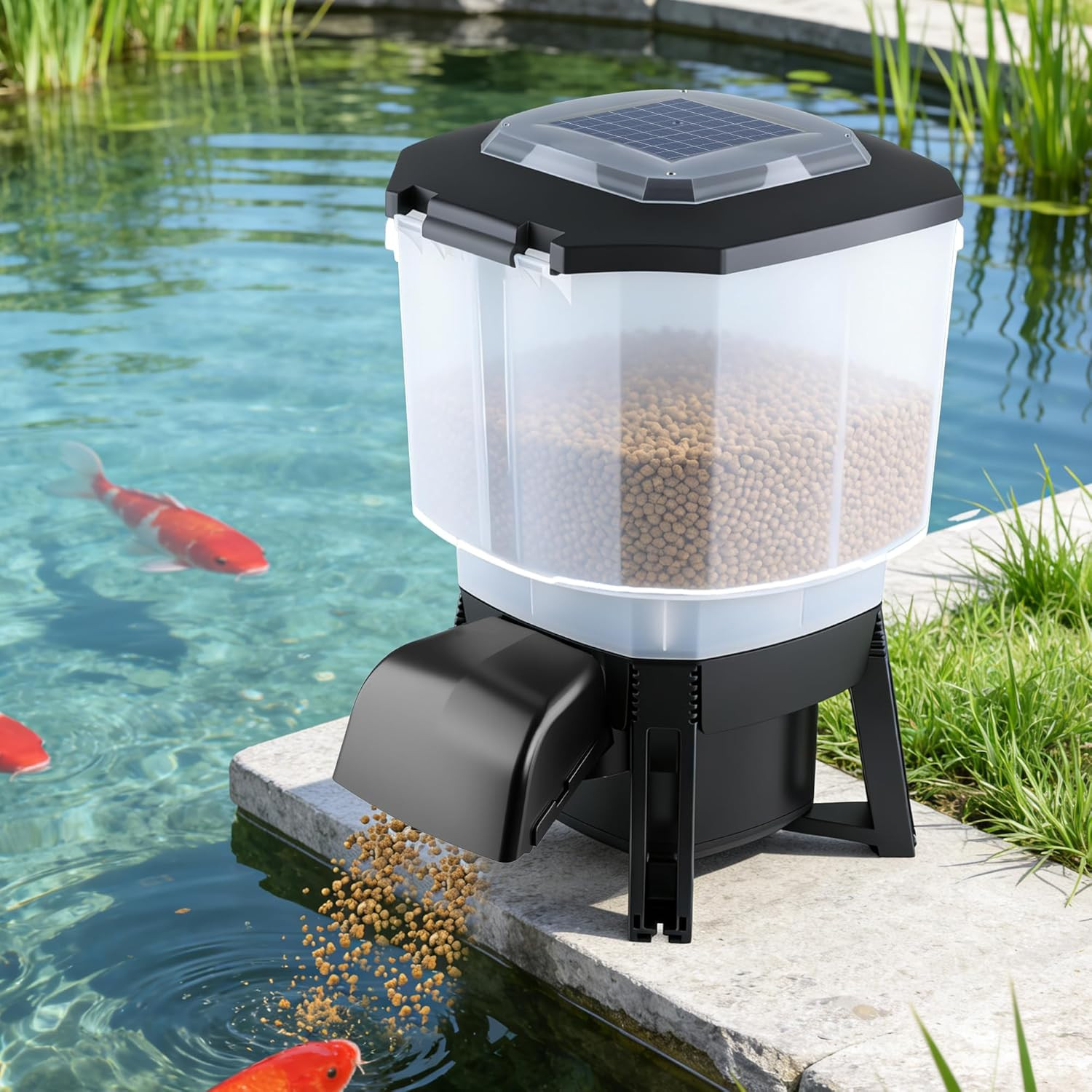 Solar Automatic Fish Feeder for Pond, Large Capacity 23L, Auto Outdoor Koi Fish