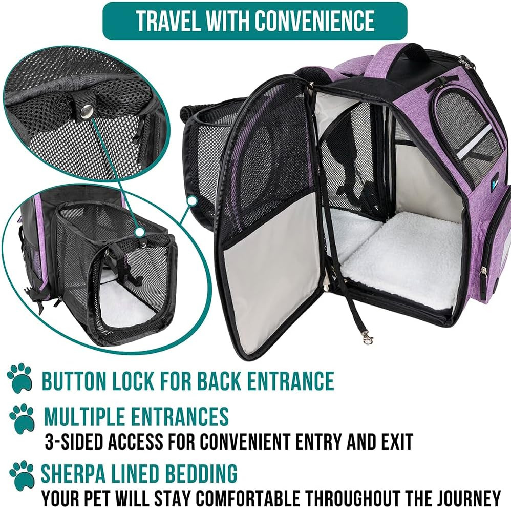 Breathable Expandable Dog & Cat Backpack Carrier for Pets up to 18 lbs, Purple
