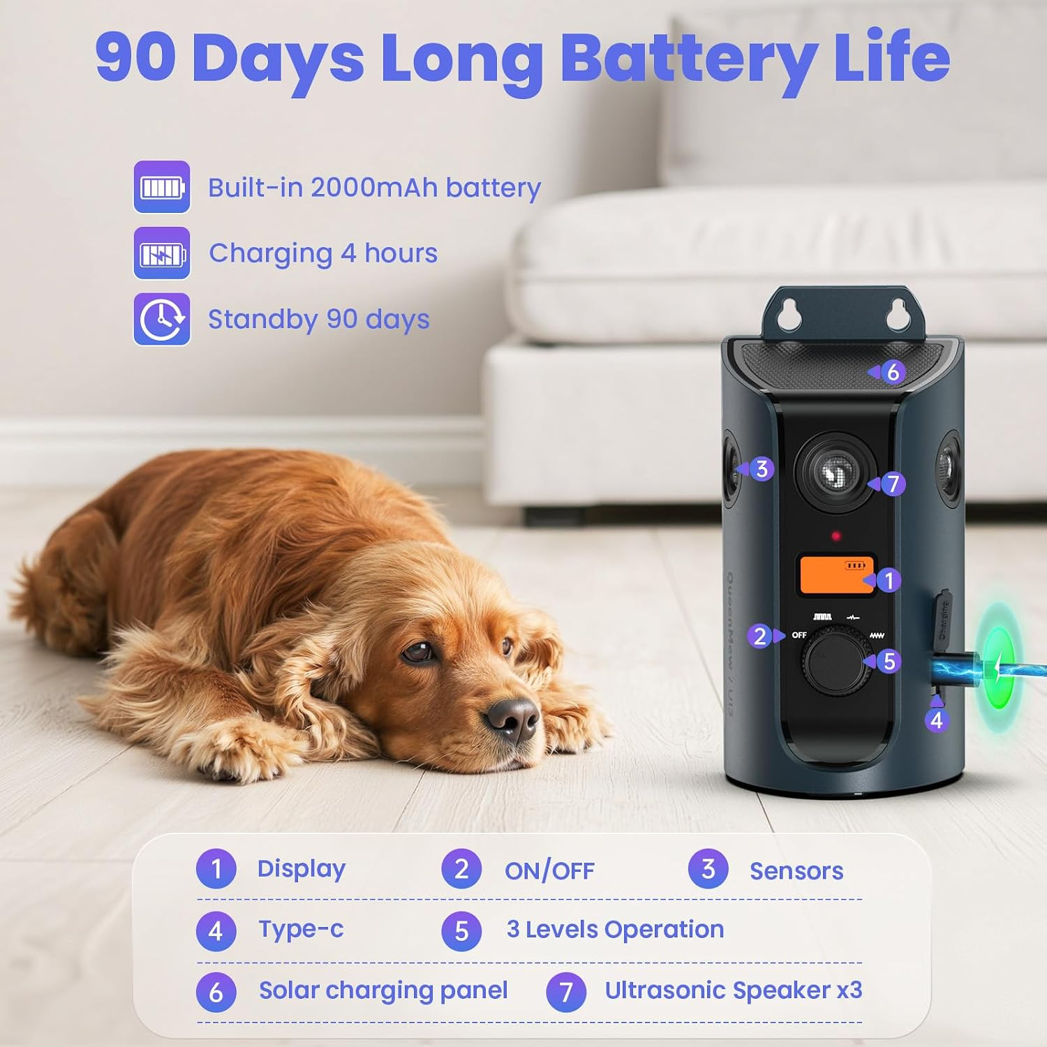 Anti Barking Device, 50FT Solar Charging Dog Barking Deterrent Device, Tri-Direc