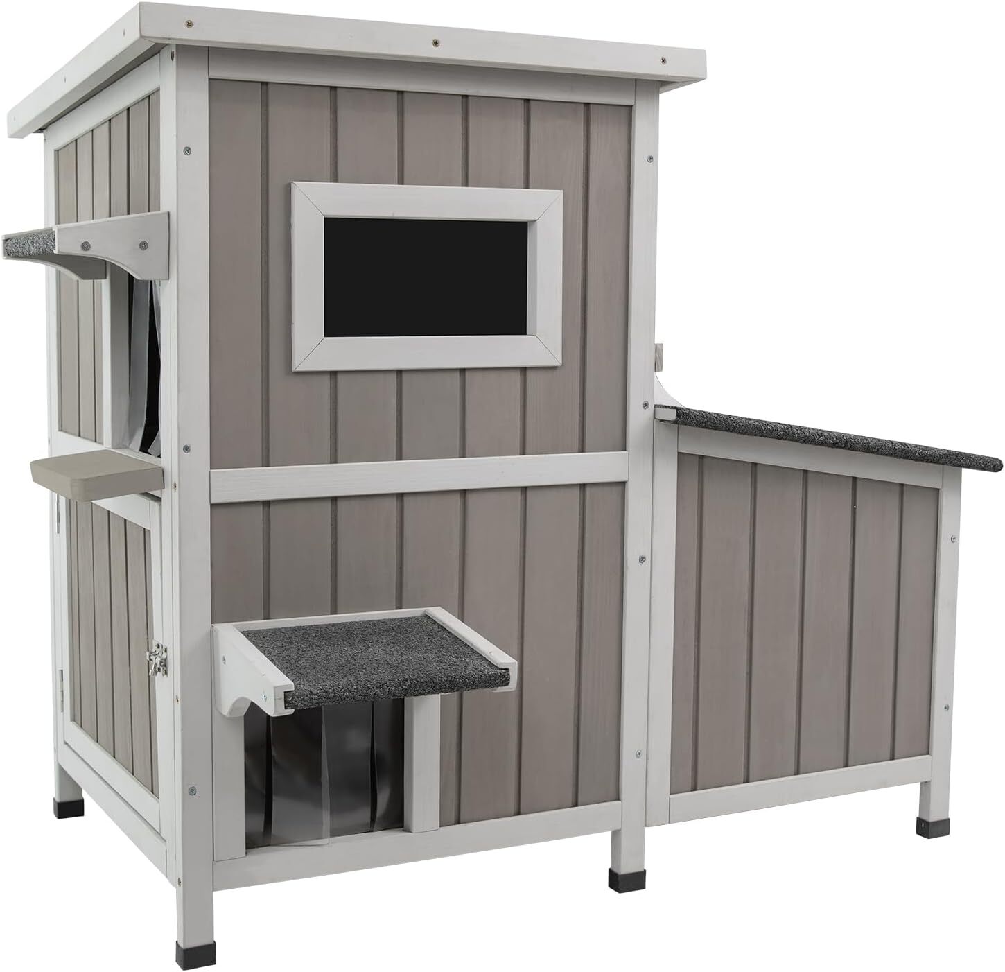 Petscosset Outdoor Cat House Two-Story Cat Shelter with 3 Separate Rooms