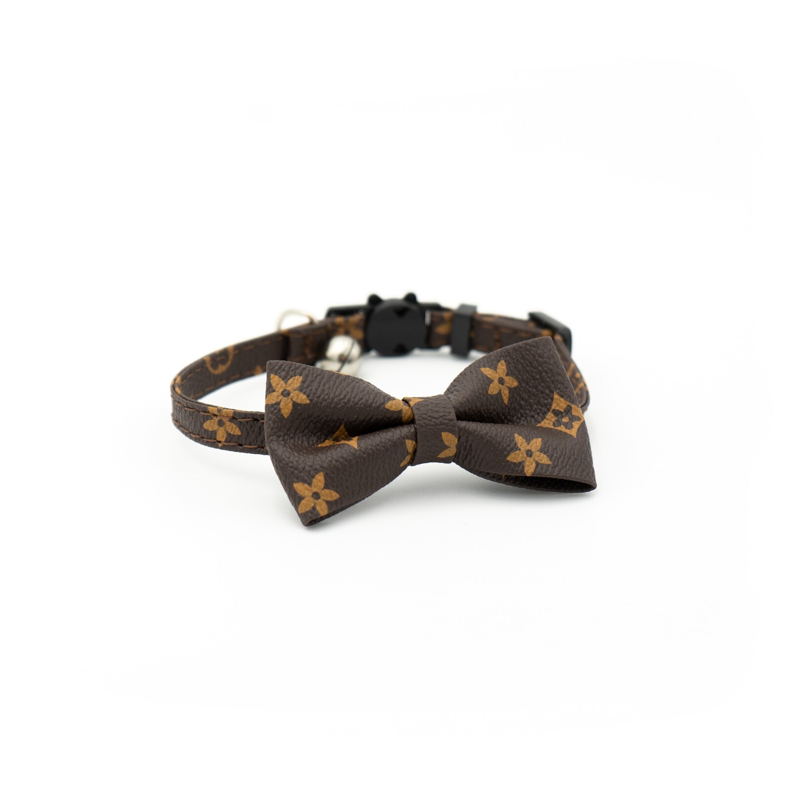 Brown Designer Cat Collar Breakaway – Bow tie Removable Kitten Bell LV Leather