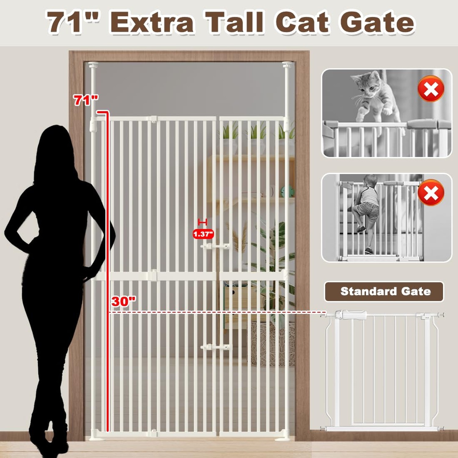 71″ Extra Tall Cat Gate for Doorway 33.5″-47.2″ Wide Pet Gate Pressure Mounte…