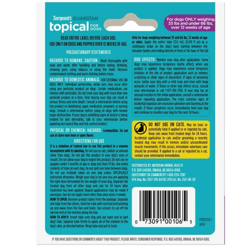Sergeant’s Guardian Flea & Tick Squeeze On Topical for Dogs, 33-66 lbs., 3 Month