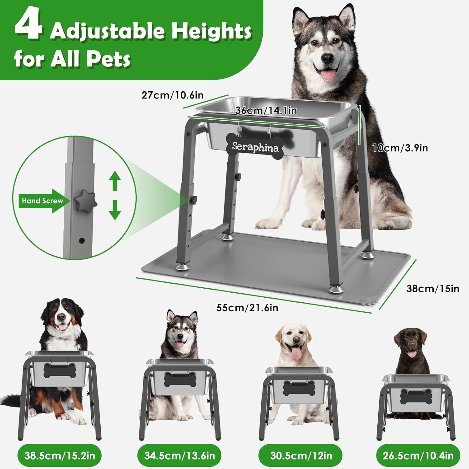 2 Gallon Elevated Large Dog Water Bowl W/ Mat 4 Height Adjustable 10.4-15.2″