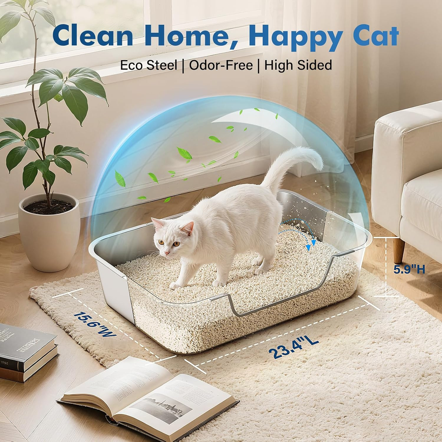Stainless Steel Cat Litter Box with Low Entry, Metal Kitty Litter Box for Senior