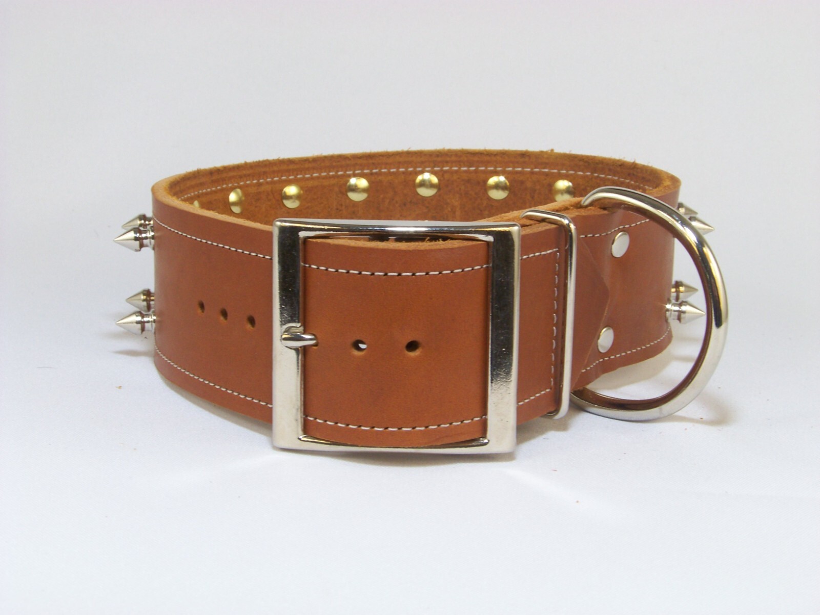 2 Inch-Wide Top Quality Leather Dog Collar W/ Double Row Spikes Made in USA