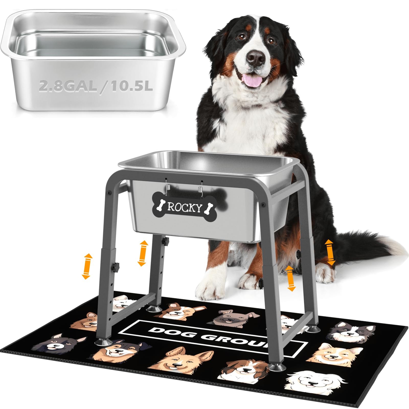 2.8 Gallon Elevated Dog Height: 10.4-15.2″, gal Bowl & 19.7×31.5in Mat