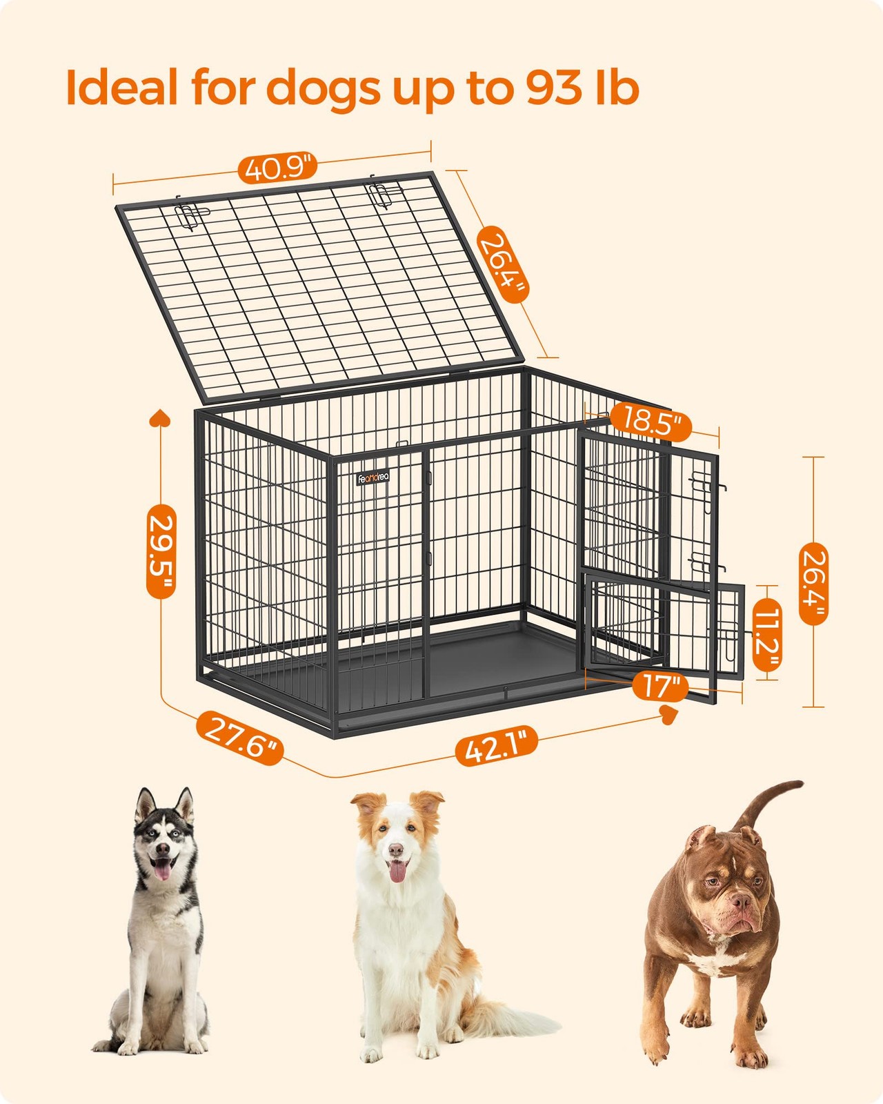 42.1 Inch Heavy Duty Dog Crate, Metal Escape Proof Kennel with Double Doors a…