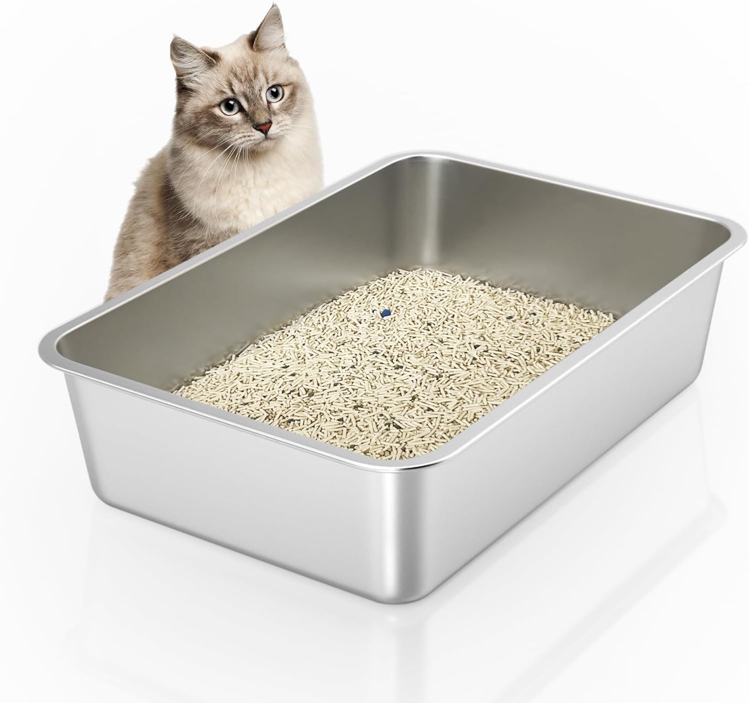 Stainless Steel Cat Litter Box with High Sides Extra Large Open Metal Litter Pan