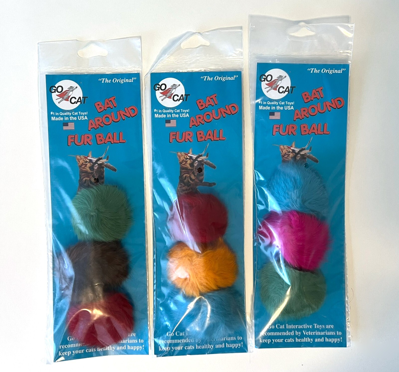 3 Packs (9 fur balls) Go Cat Bat Around Real Fur Balls for play Kittens