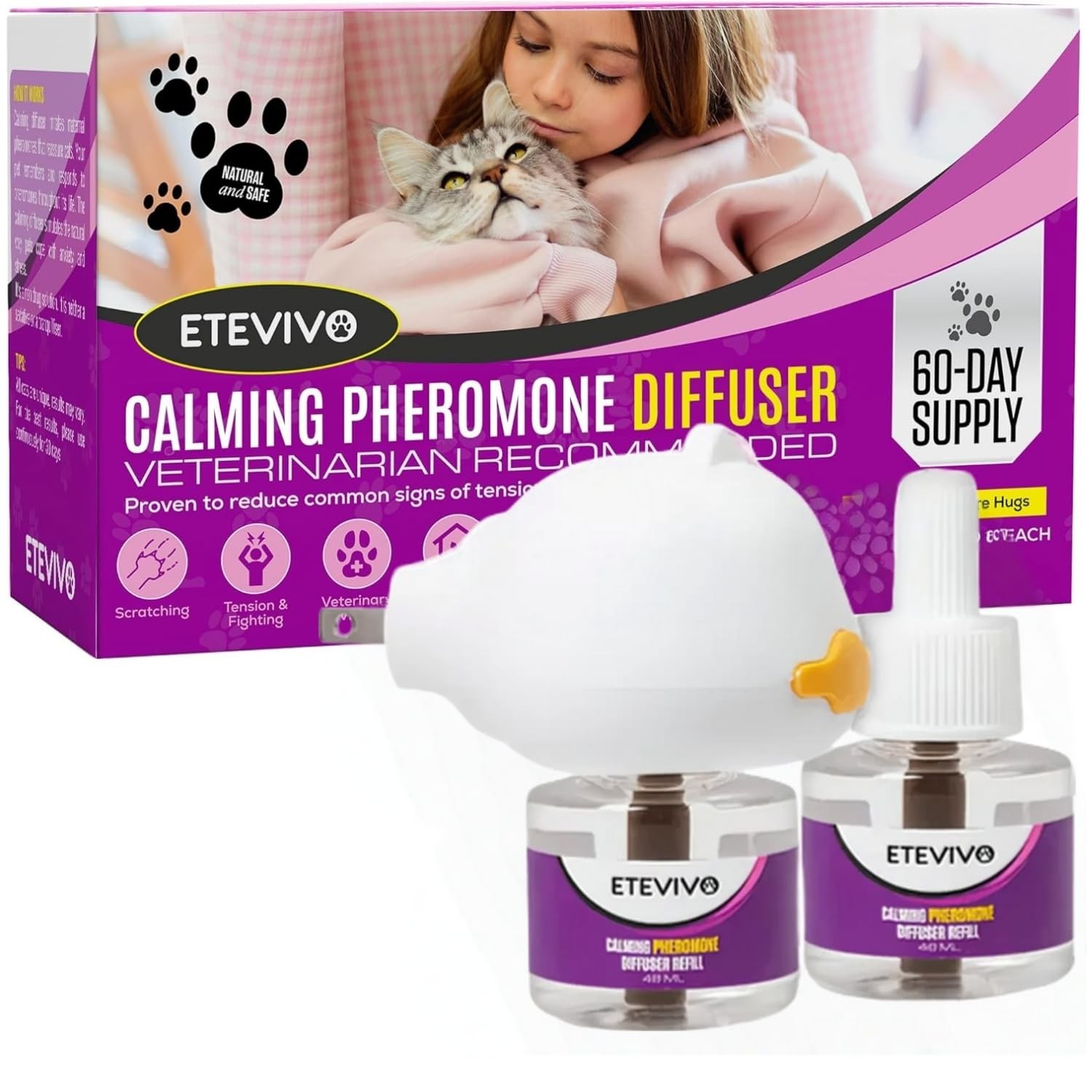 Cat Pheromones Calming Diffuser with 2 Refills – 60 Days Anxiety Relief
