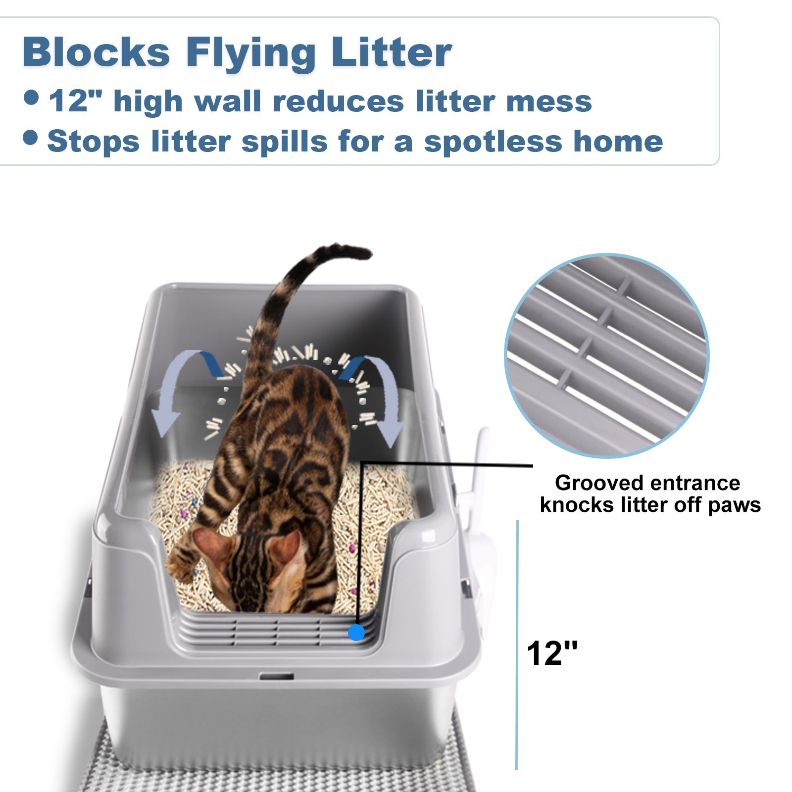 XL Stainless Steel Cat Litter Box Extra Large Litter Pan High Side w/ Scoop Mat