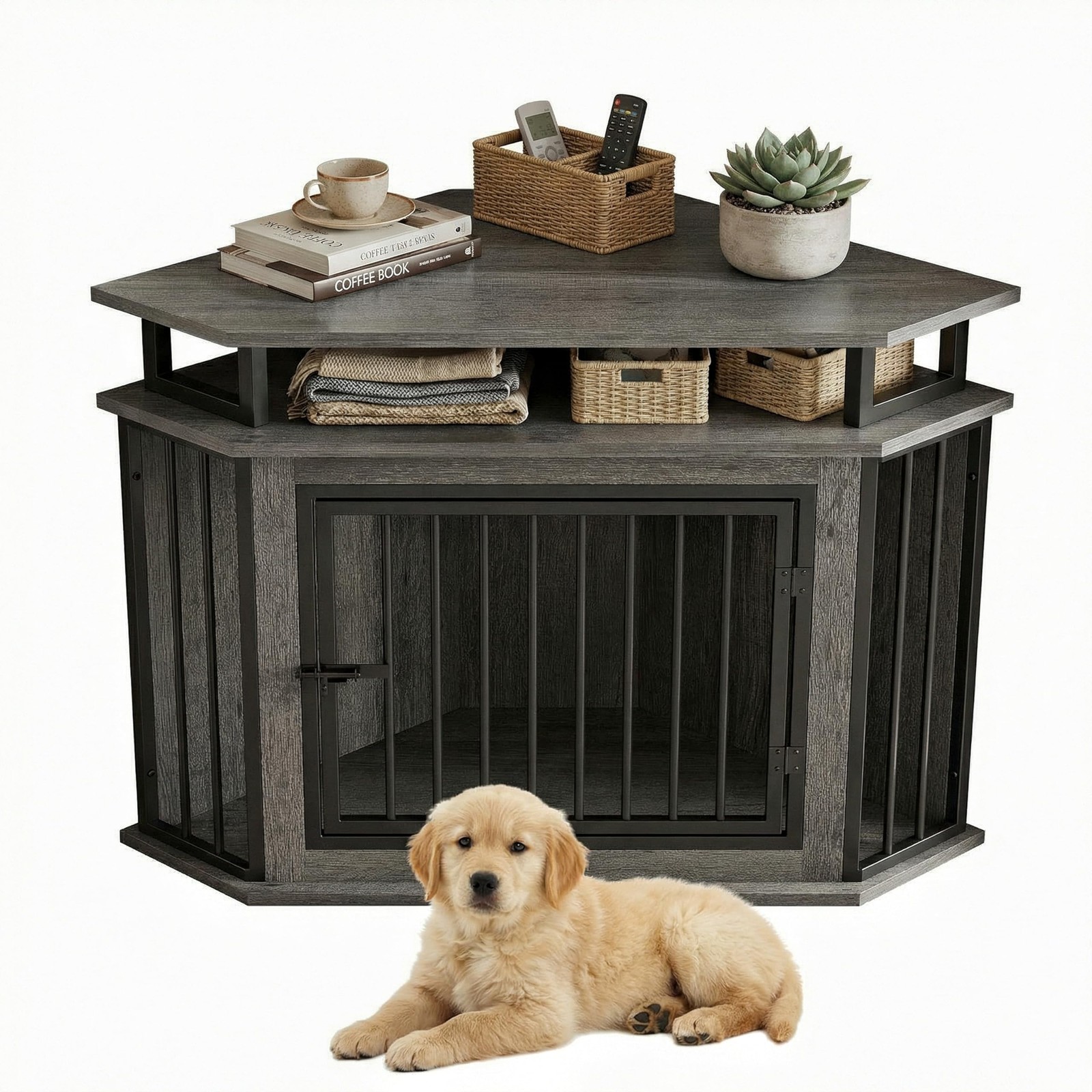 43.3″ Corner Dog Crate Furniture with 2-Tier Shelves Gray