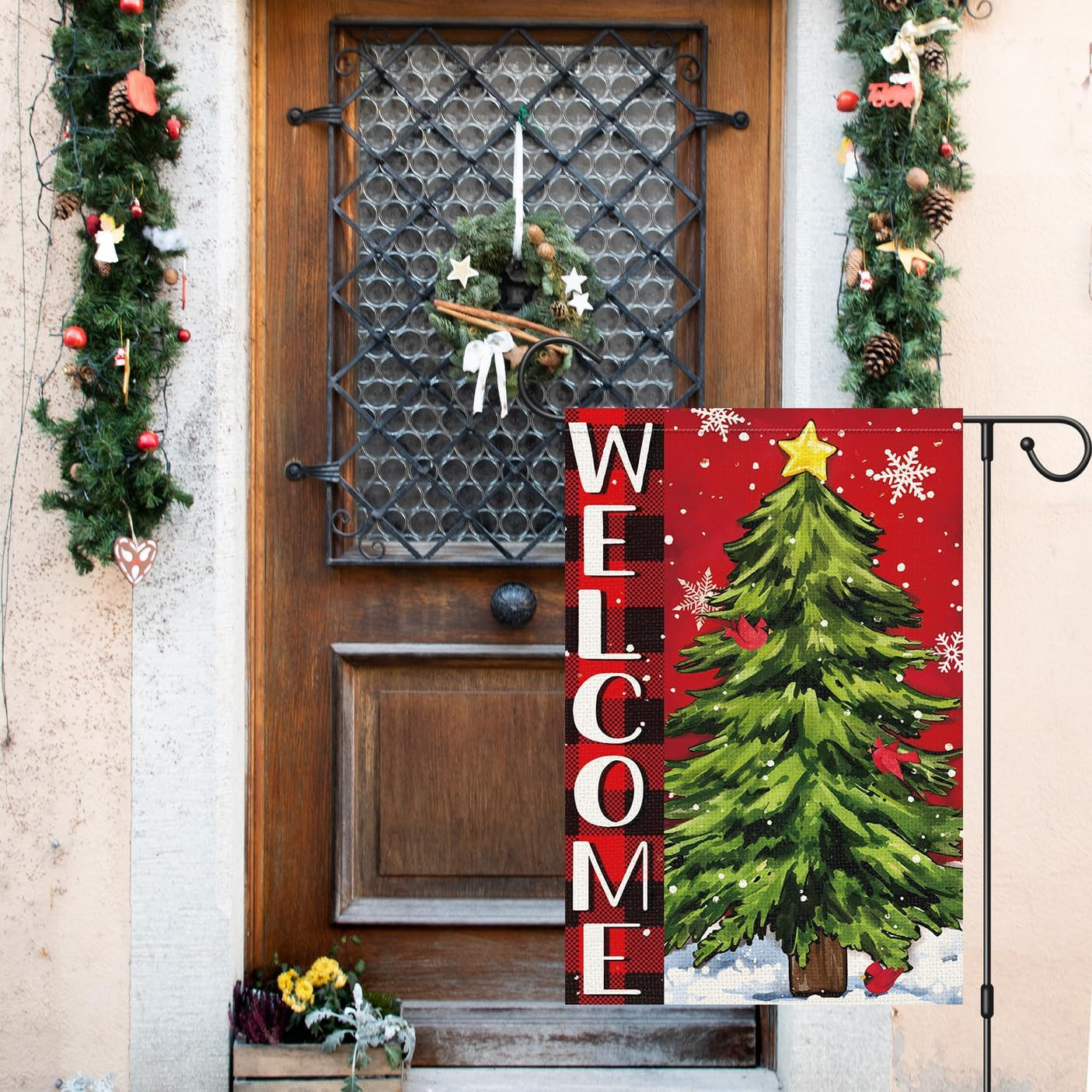 Christmas Wlcome Garden Flag Double Sided Xmas Tree 12X18 Inch Small Burlap Win