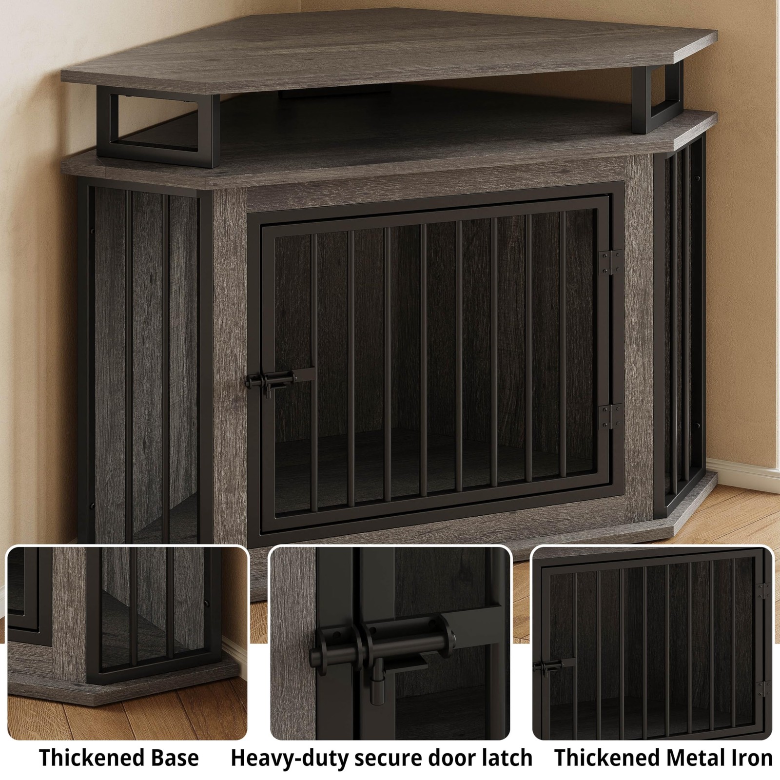 43.3″ Corner Dog Crate Furniture with 2-Tier Shelves Gray