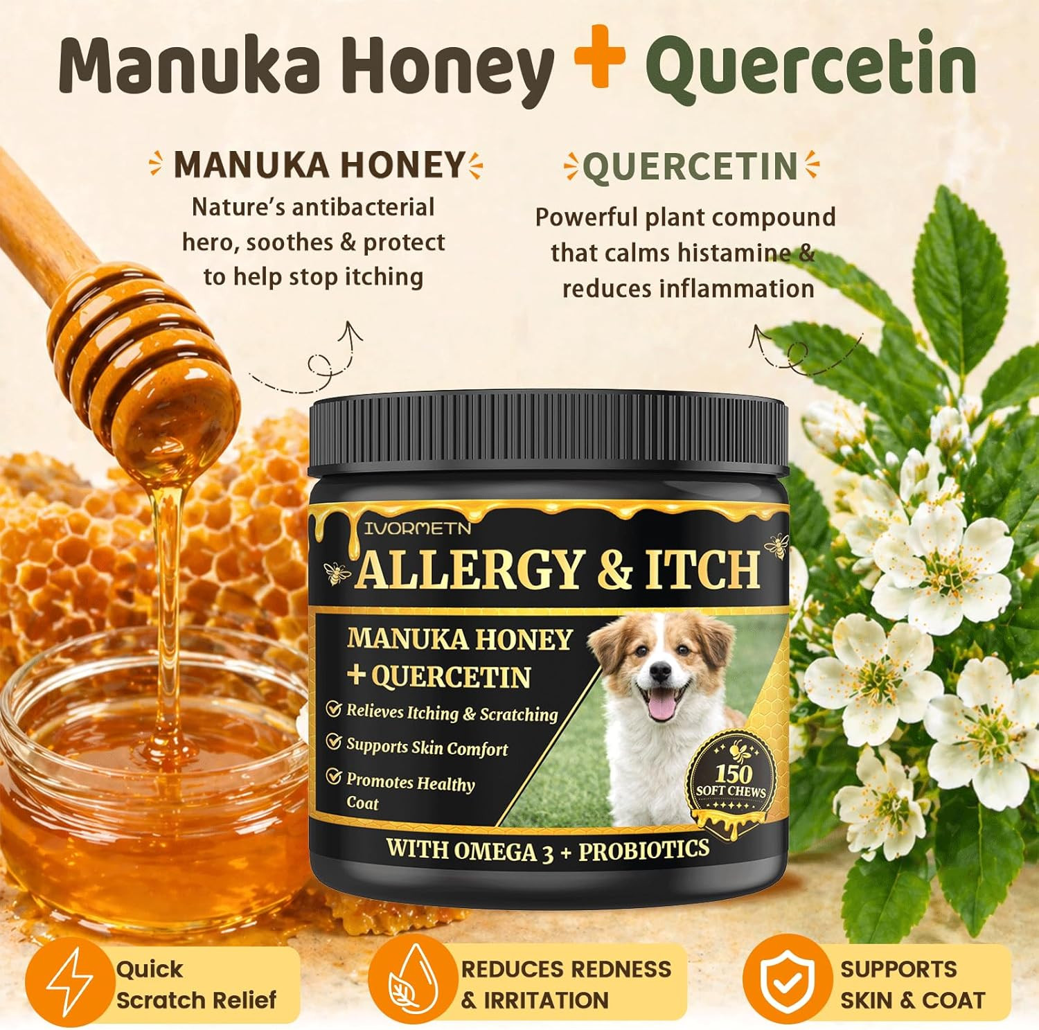 Manuka Honey for Dogs – Allergy & Itch Relief Chews – Skin Comfort & Coat Health