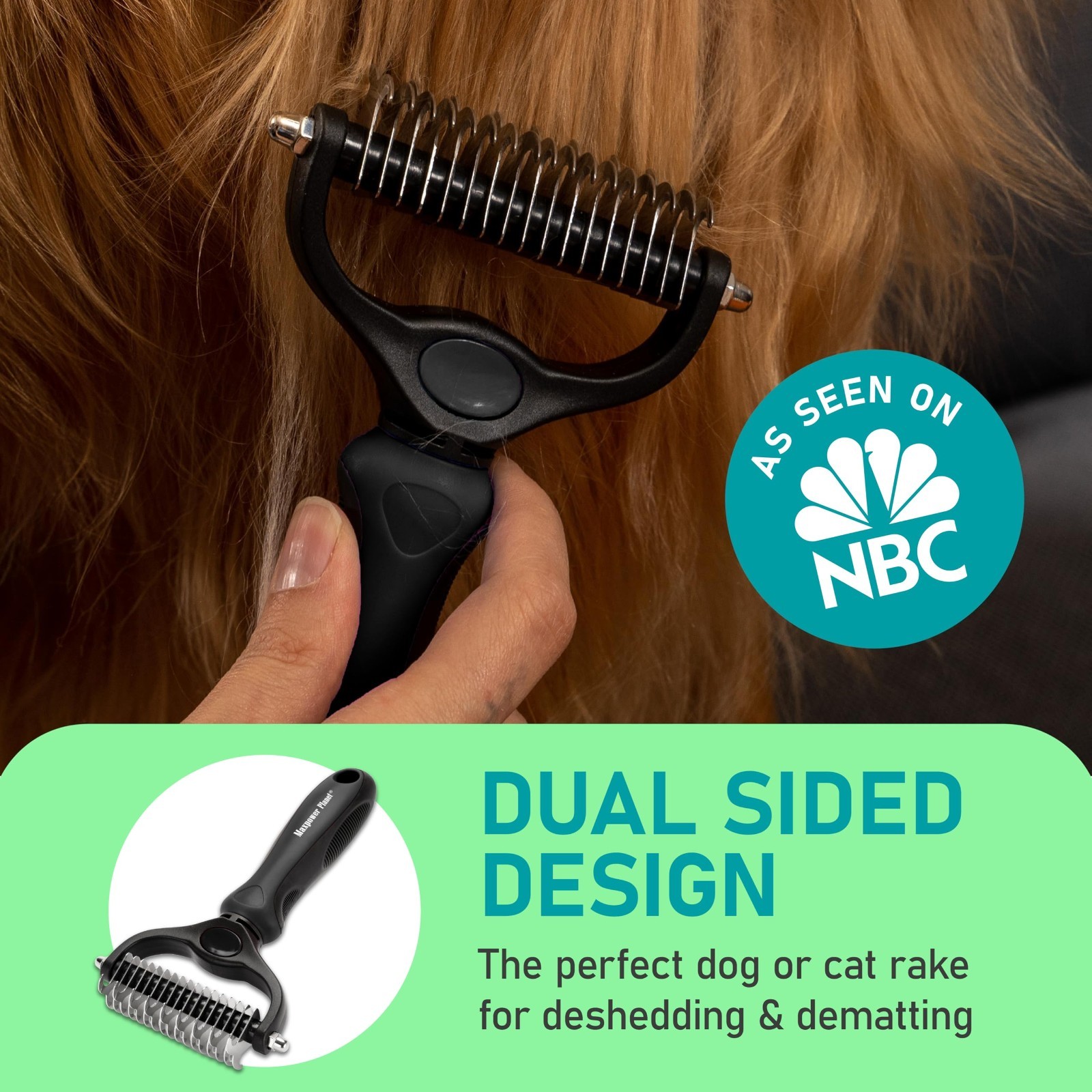 Double-Sided Dematting Brush for Dogs & Cats – Extra Wide Undercoat Rake, Reduce